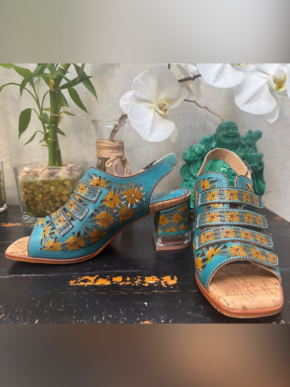 Spring Step Teal and Yellow Floral Slingback Heels